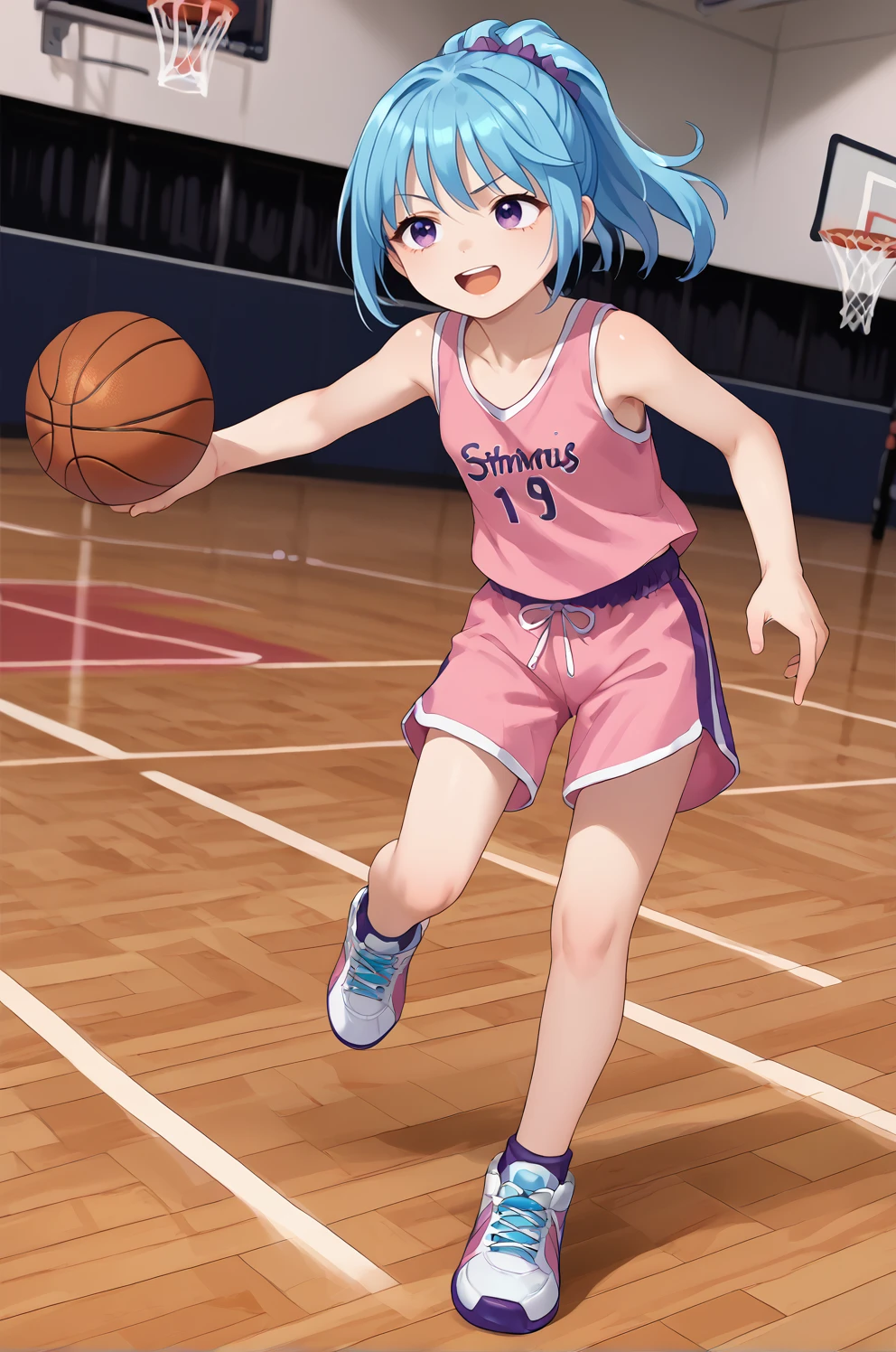 score_9, score_8_up, score_7_up, BREAK kurumu,1girl, solo,female , light blue hair, ponytail,purple eyes,full body,  pink tank top, pink shorts, playing basketball, holding basketball, basketball court, wooden floor, running, open mouth,indoors,smirk, (from above:0.6), dutch angle   <lora:KurumuPony:1>