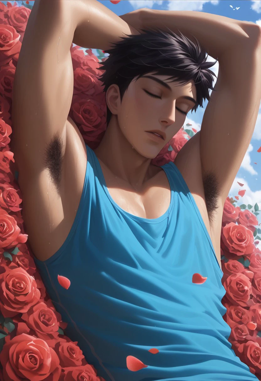 score_9, score_8_up, score_7_up, source_anime, rating_explicit, petals, MoriOHHC, (black_Mori_hair), closed eyes, 1boy, male focus, arms up, hands behind head, armpits, armpit hair, parted lips, tank top, sweaty, handsome prince of roses, lying, sleeping, blurry outdoor hill side, clear sky, few butterflies, dutch angle, realistic shading, cinematic, foreground blur