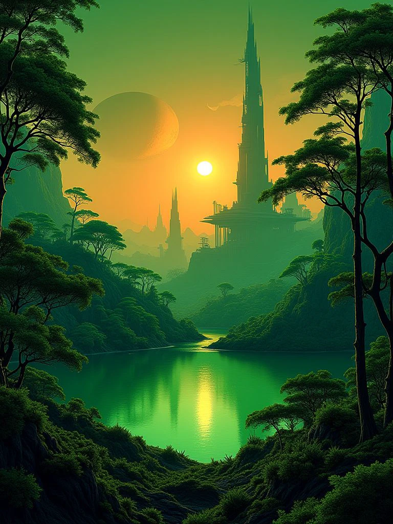 Detailed landscape of exotic forest whis serene lake, a futuristic alien city in the background, sunset sky with dark green palette of colors, intricate details of buildings and nature elements, rise of two big dark orange moons, extremely high quality RAW photograph, detailed background, intricate, exquisite details and textures, highly detailed, ultra detailed photograph, warm lighting, artstation, sharp focus, high resolution, detailed skin, detailed eyes, 8k uhd, dskr, high quality, film grain, Fujifilm XT3,
 <lora:Dagobah_Land_Flux:1> dagobahlnd