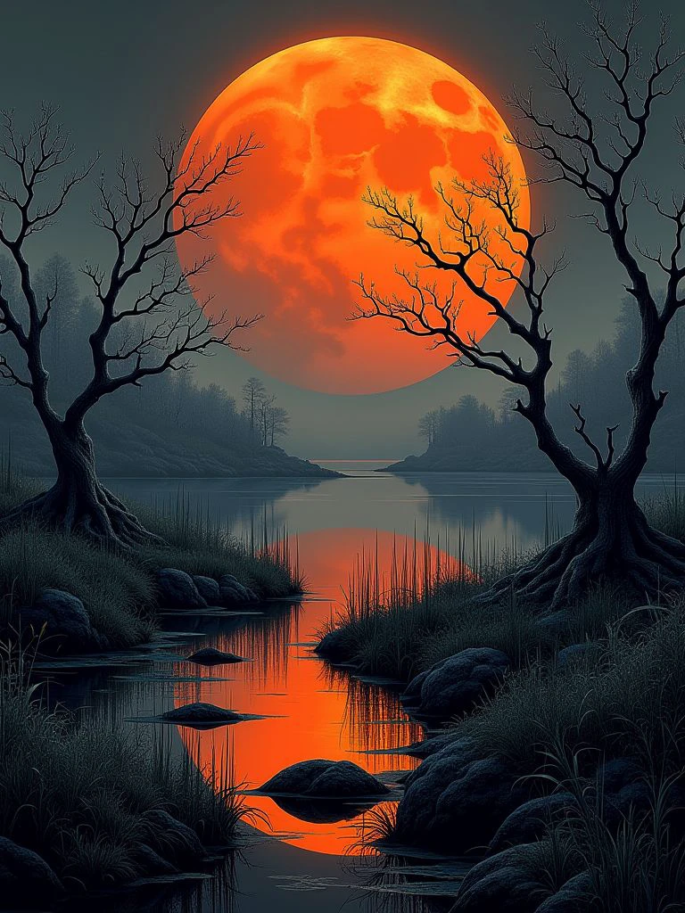 alien landscape of a moonlit clearing in the psychedelic dark gray mirror of lake, intricate details white dry trees and black grass, huge dark orange moon,
detailed background, intricate, high quality exquisite details and textures, highly detailed, warm lighting, muted colors with brown hints, sharp focus, 8k high resolution
 <lora:Dagobah_Land_Flux:1> dagobahlnd