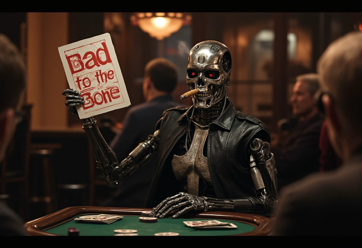 a T800_Endo Terminator Robot with red eyes stands wearing a black leather jacket and sunglasses smokes a cigar as he holds up a sign that says "Bad to the Bone". The T800_Endo Terminator Robot sits at a poker table in a dimly lit bar surrounded by patrons. He is cool and admired. The bar interior is tidy and clean and normal.
Cinematic, photorealism, photorealistic