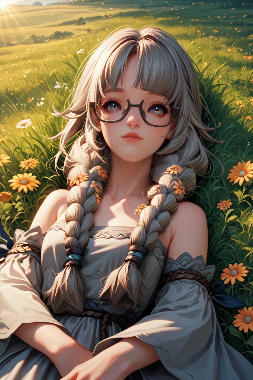 score_9, score_8_up, score_7_up, score_6_up
<lora:LAJahara:1.0>
LAJahara, 1girl, grey hair, twin braids, glasses, looking at viewer, lying in a field of wildflowers, arms stretched out, sun shining through the clouds, soft and warm lighting, peaceful and nature-connected feeling