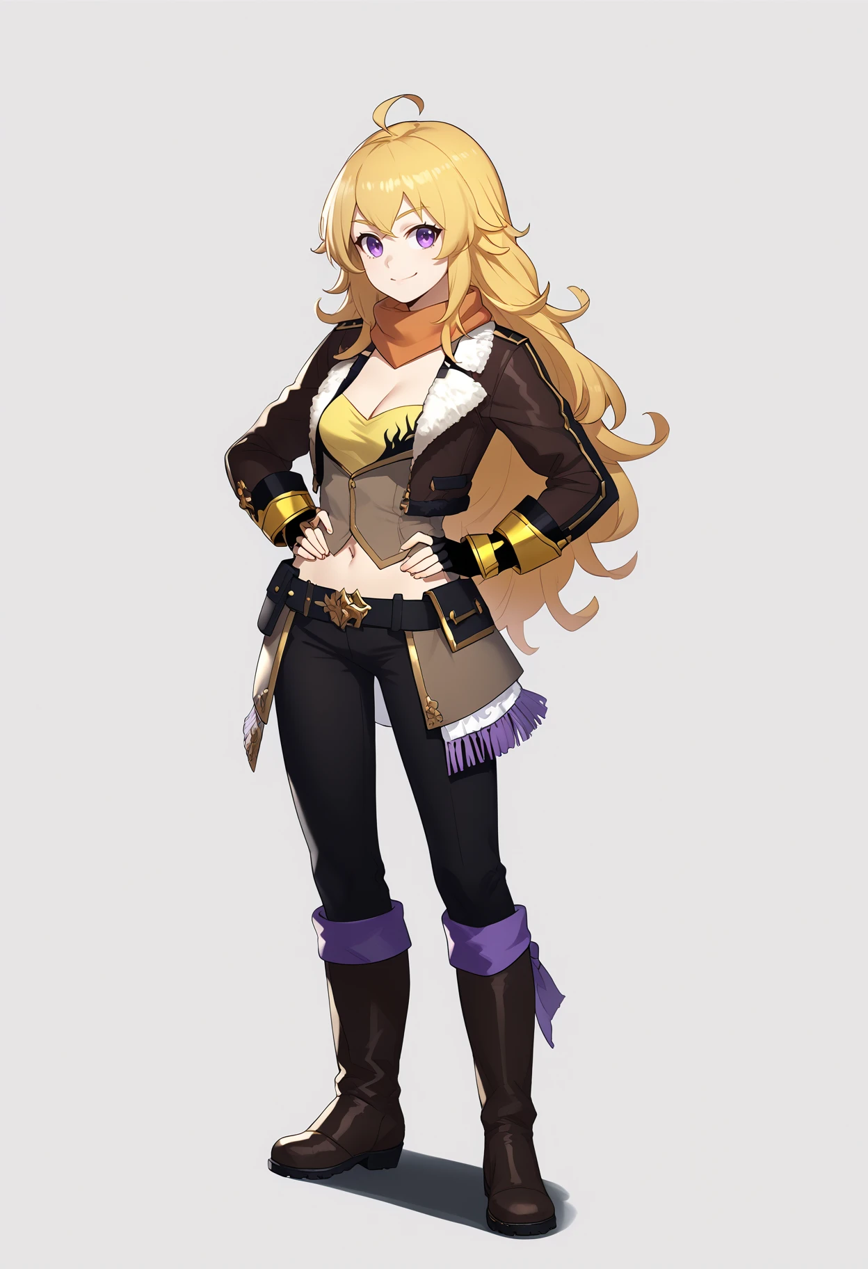 score_9, score_8_up, score_7_up, BREAK,
1girl, yangxiaolong, ahoge, purple eyes, long hair, blonde hair,
scarf, fingerless gloves, brown jacket, navel, cleavage,
black pants, boots,
hands on hips,
smile, full body, standing, looking at viewer, solo, simple background, white background  <lora:YangXiaLongXL:1>