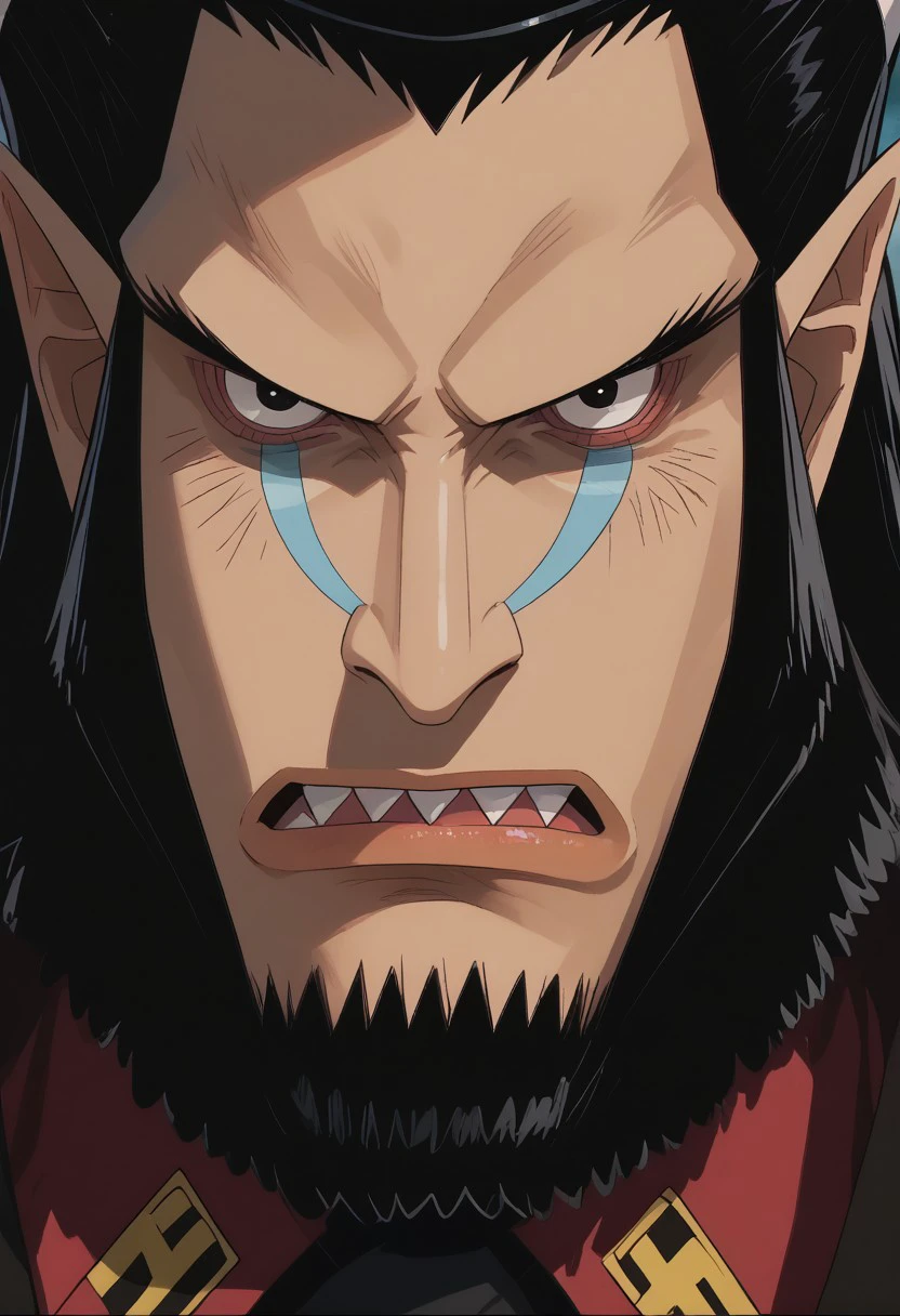 score_9, score_8_up, score_7_up, source_anime, rating_safe, MagellanOP, black_Magellan_hair, black_Magellan_facial hair, black_Magellan_eyes, pointy_Magellan_nose, blue_Magellan_makeup, 1boy, male focus, anime screencap,