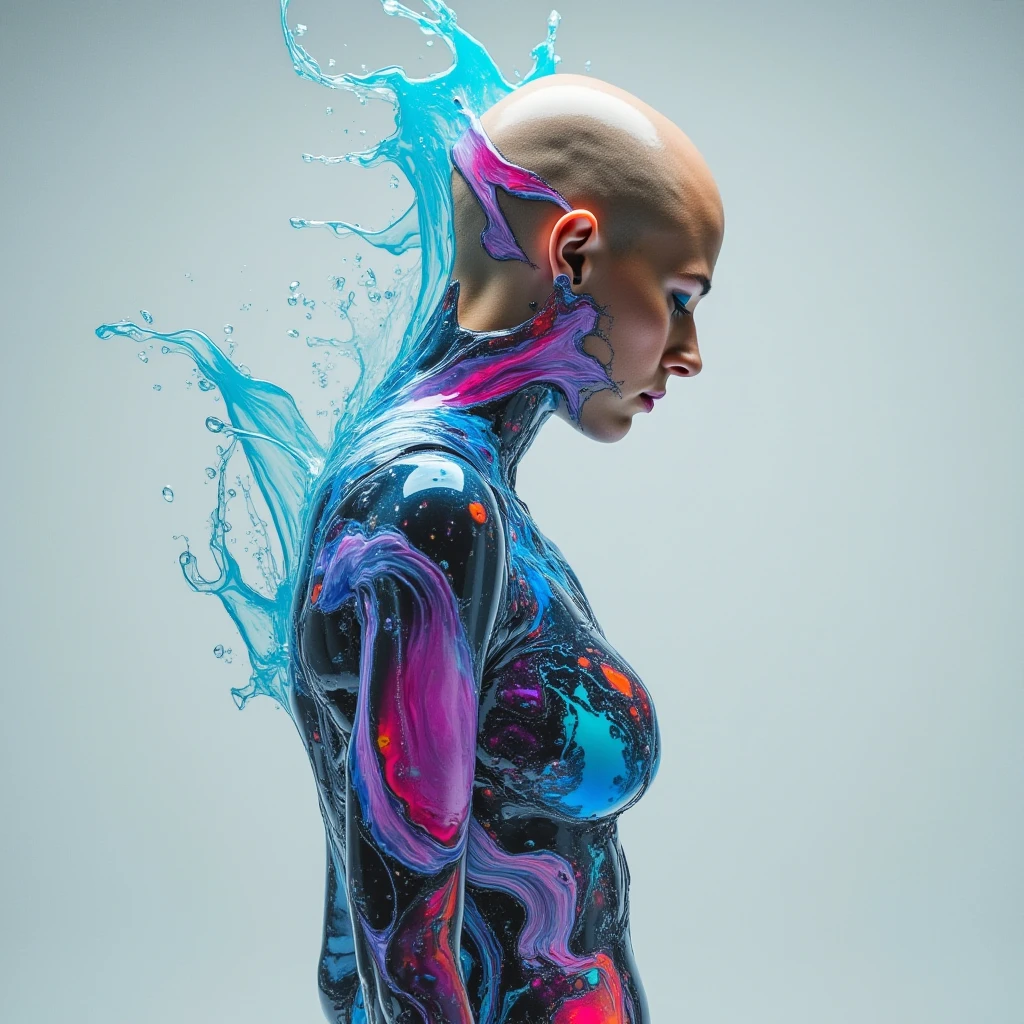 abstract fluid art. Cinematic, bald handsome women model cyborg with liquid lightning. Complete upper body, Hybrid robot. Overthrown by colored transparant glass marbled crystals, Marble textures. Fluid forms, luminescent objects, Medium shot. Light gray studio background Minimalistic and clean background. Film grain