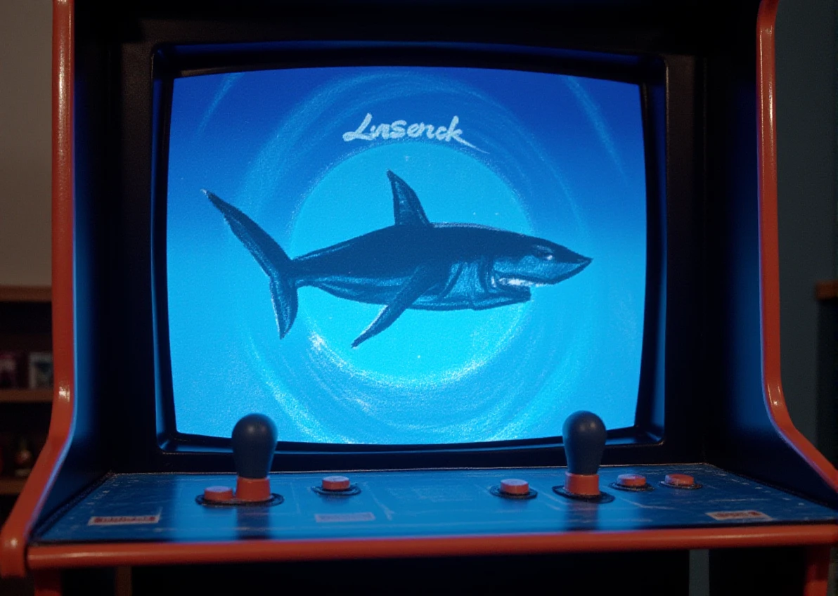 enormous laser shark for the sega saturn. lo fi 3d early arcade cabinet attract screen.
