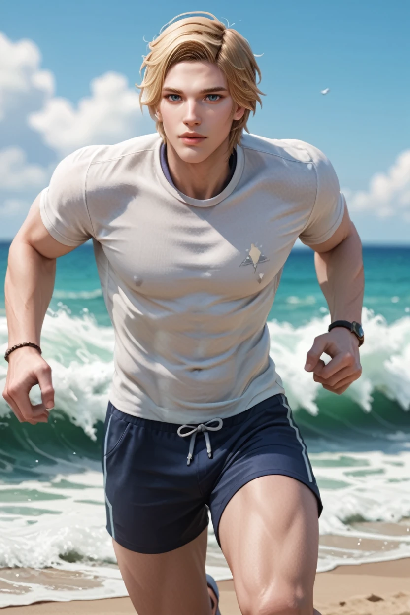 score_9, score_8_up, score_7_up, score_6_up
<lora:LAThirain:1.0>
LAThirain, 1boy, blonde hair, looking at viewer, male model running along the beach, sand flying, joyful expression, sun setting, waves crashing, dynamic motion, energetic mood