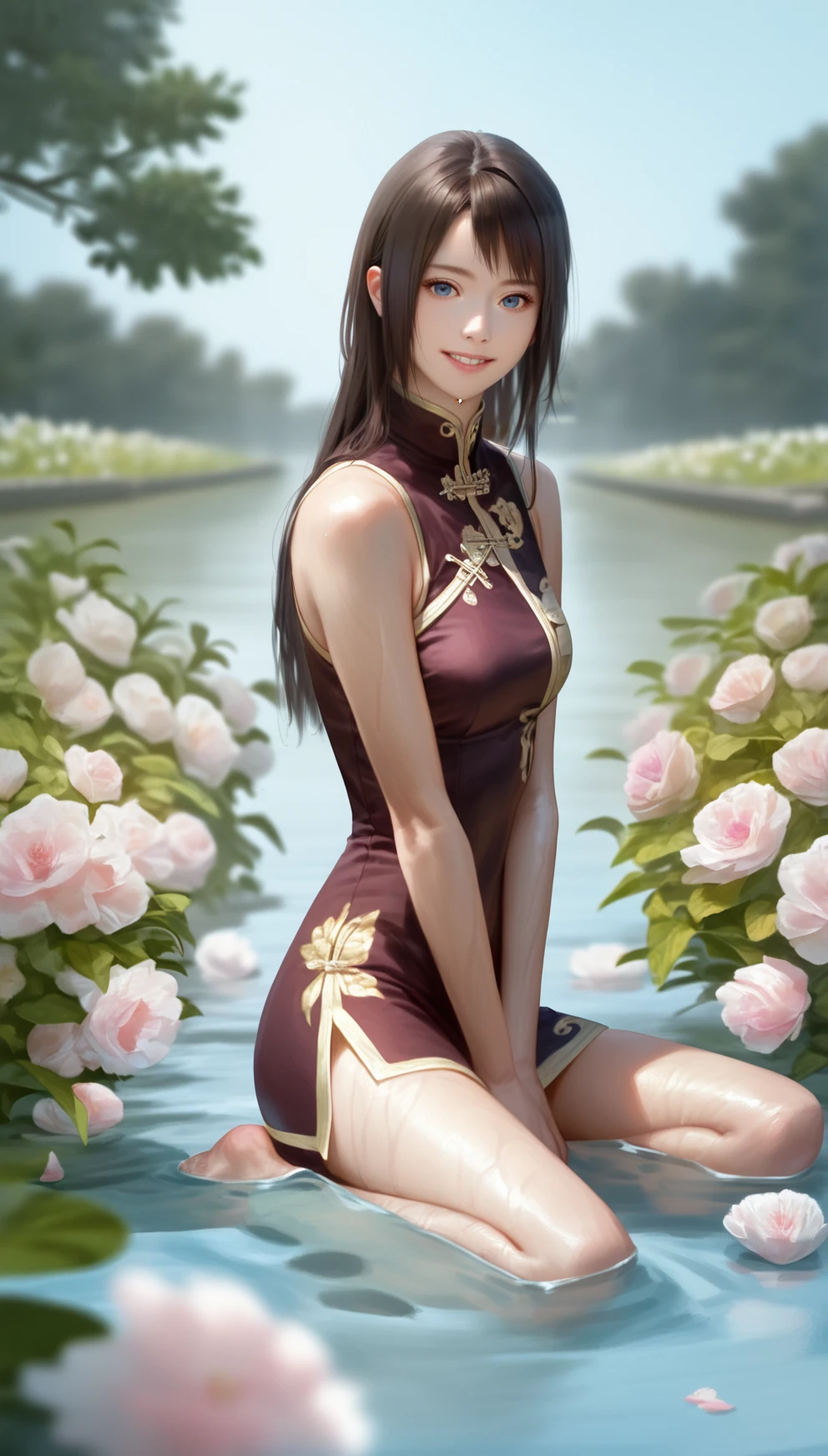 score_9,score_8_up,score_7_up,
<lora:diaochan:0.9>,
diaochan,
highres,photorealism,Cinematic Lighting,bloom,
1girl,solo,brown hair,long hair,bangs,
blue eyes,looking at viewer,grin,
purple cheongsam,short skirt,
sitting,feet in water,wet,
blurry background,outdoors,courtyard,flowers in background,blue sky,clear water,