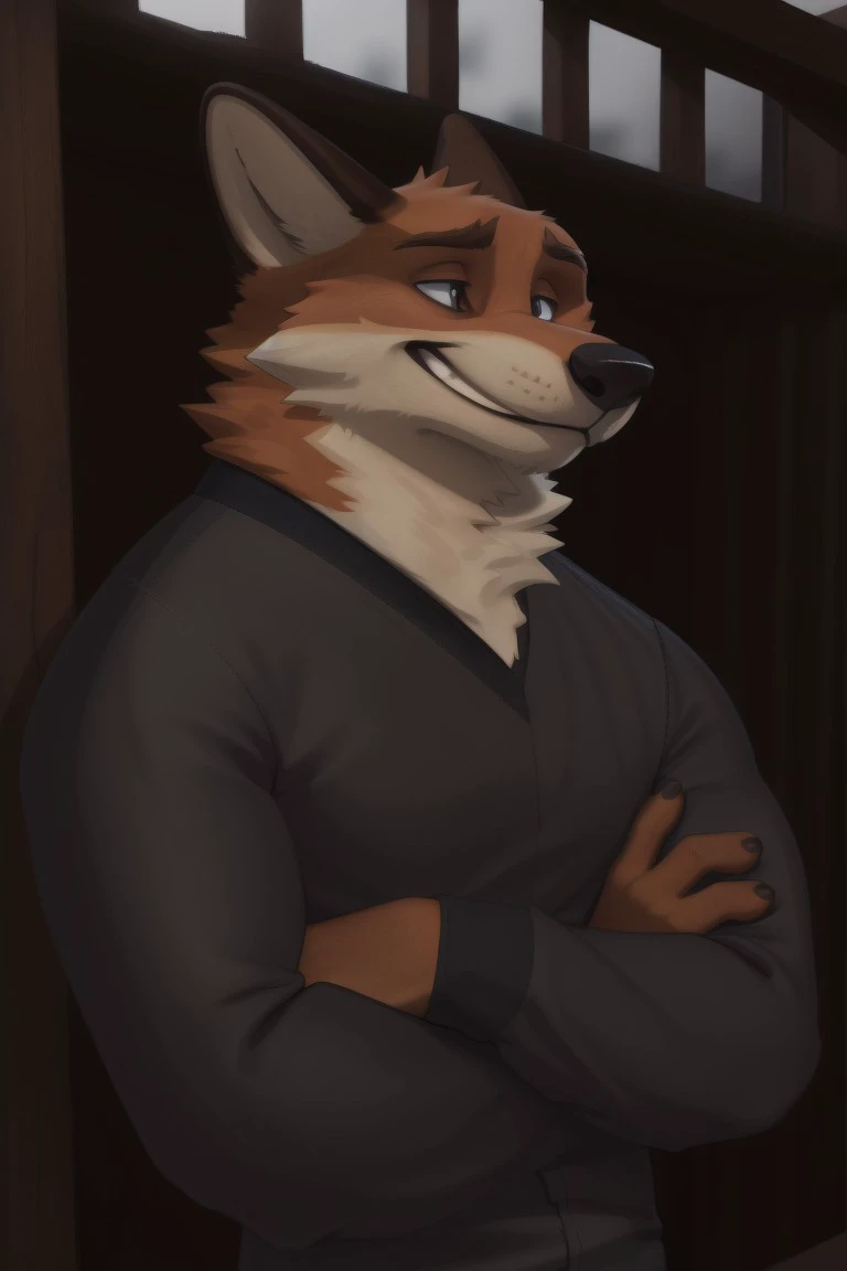 edgarfox, solo, realistic, anthropomorphic, smirk, naughty face, flexing, muscular body, furry tail shown, (by personalami:0.5), zaush, (soft shading), 4k, hi res, 8k, detailed eyes, 8k eyes, eyes focus, handsome, in prison cell, prison bars, gray prison uniform, detailed_background, full view, view, fully body shown