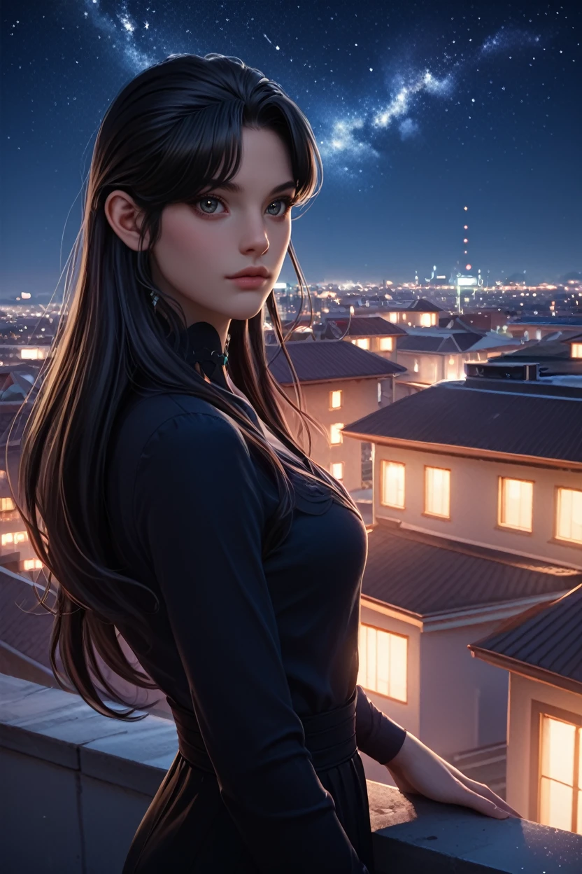 score_9, score_8_up, score_7_up, score_6_up
<lora:LALiru:1.0>
LALiru, 1girl, black hair, long hair, looking at viewer, standing on a rooftop at night, city lights twinkling below, wind gently blowing hair, starry sky above, mysterious and enchanting ambiance