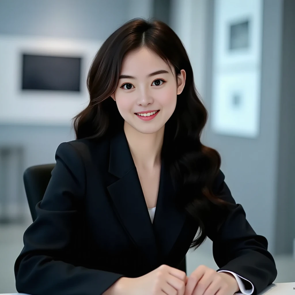 Portrait photo of miona_kokura, dark brown wavy long hair, wearing a dark business suit, sitting at a desk in a futuristic office, looking at the camera, smiling