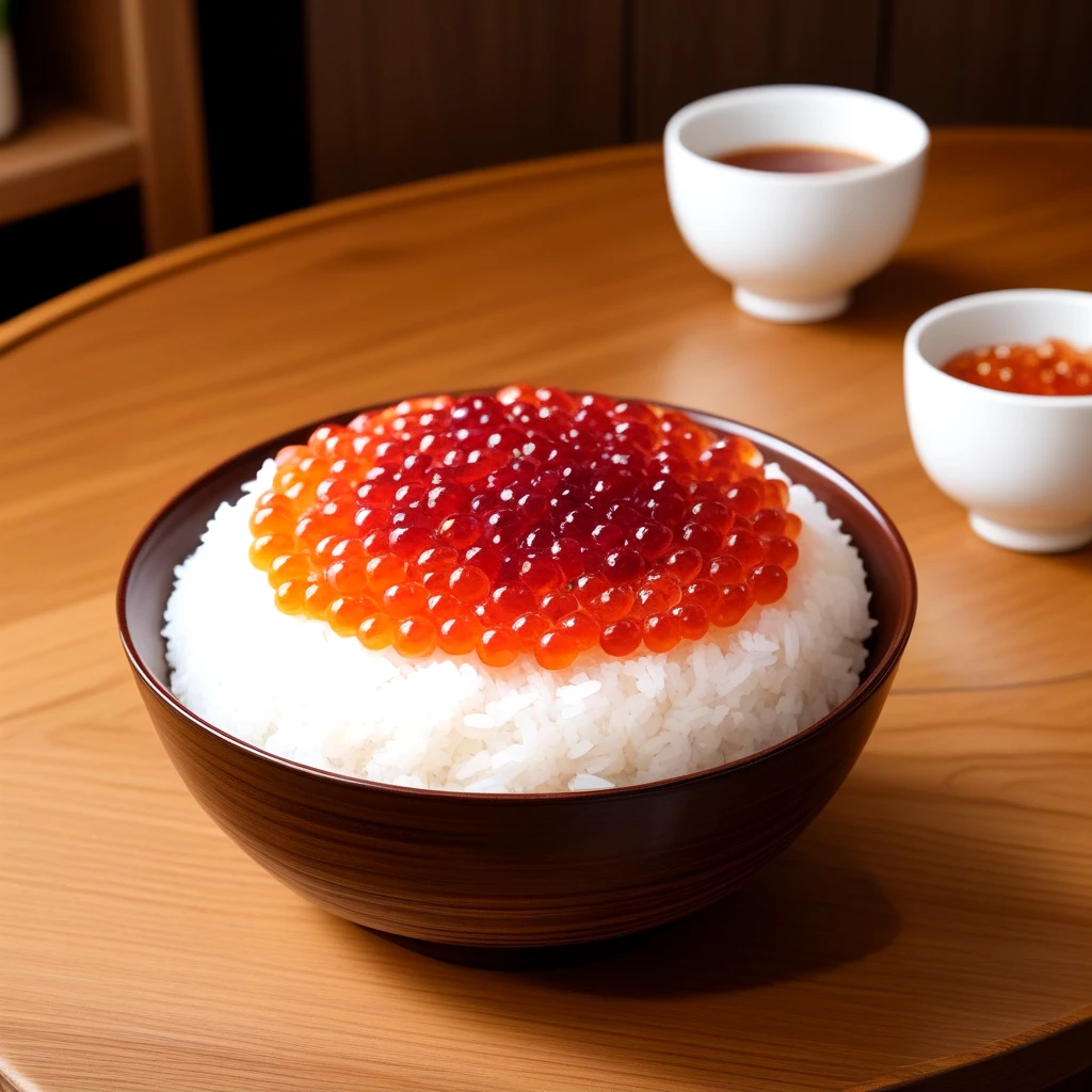 ,food, indoors, blurry, cup, no humans, food focus, still life, rice bowl, wooden table, transparent roe, realistic, cinematic lighting <lora:fish_roe_SDXL:0.5>