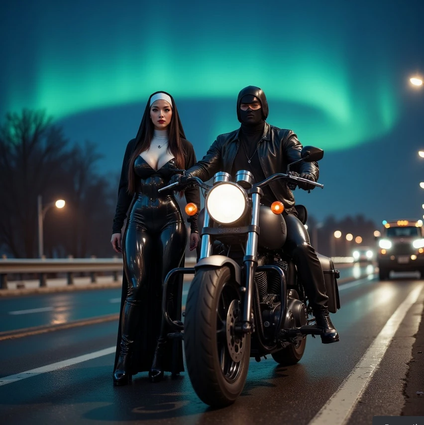 2fullbodyimage, ((a woman in a glossy latex black nun suit)) with ((a man wearing a mask with heavy metal leather outfit)), ((both of them riding the same matte Harley-Davidson on a city highway at night)), snow falling and aurora borialis on the sky, hyper-realistic gothic style, absurdres, high res, ultrasharp, 8K, masterpiece, ultra realistic, cinematic volumetric lighting(Masterpiece: 1.4), (Best quality: 1.4), cinematic volumetric lighting, wide shot with Sony Fx6