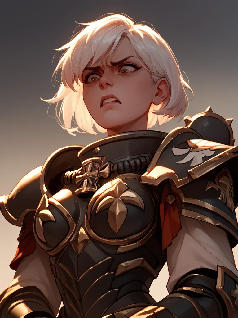 <lora:Sororitas:1> armor, shoulder armor, 1girl, pauldrons, short hair, power armor, white hair <lora:disgusted_face_xl_goofy:1> disgusted face, looking down,, score_9, score_8_up, score_7_up, score_6_up, score_5_up, score_4_up, BREAK