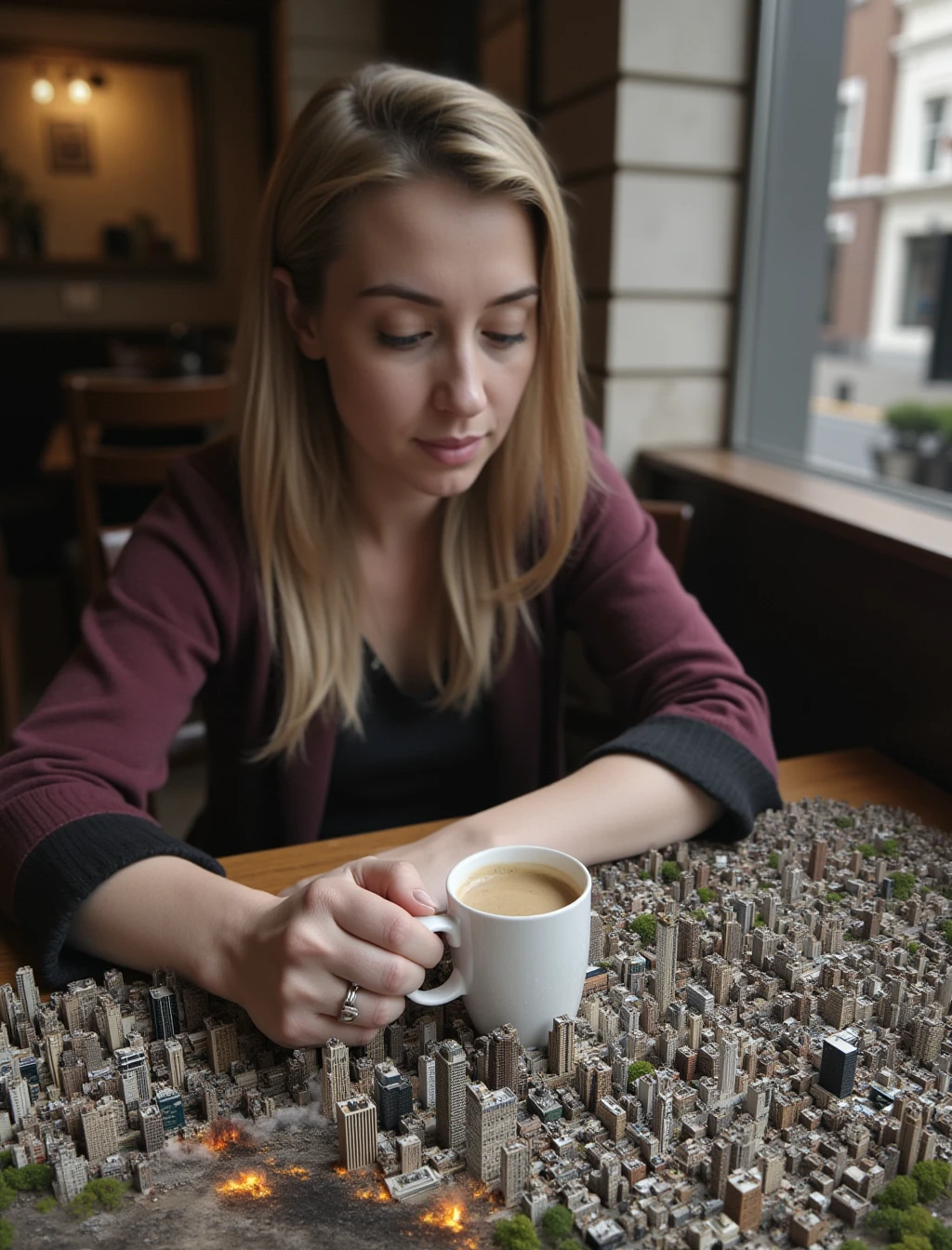 A woman sitting at a cafe. At the table is a sprawling shrunken city, full of skyscrapers and high-rises. In the middle of the city is a coffee cup. Next to the cup there is a lot of destruction in the city, with fire, smoke and rubble on the ground. The woman is grabbing the cup with one hand.