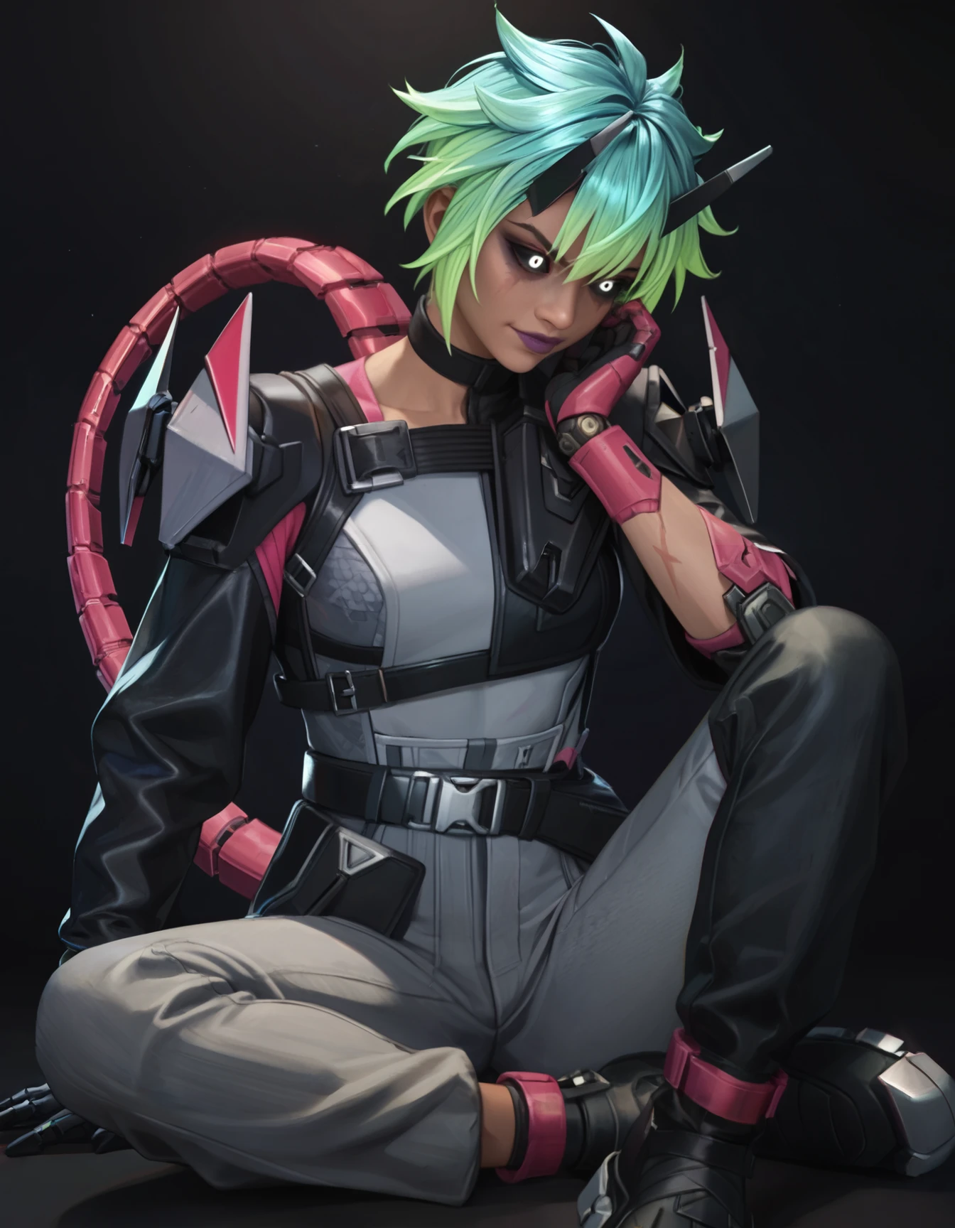 score_9,score_8_up,score_7_up,score_6_up,1girl,solo,dark background,black choker,white glowing eyes,scar on arm,colored sclera,black sclera,purple lips,elbow gloves,black belt,black jacket,gray jacket,aqua hair,gradient hair,green hair,multicolored hair,short hair,two-tone hair,black footwear,black pants,grey pants,dark skin,mechanical tail,sitting,medium breasts,    <lora:MyTrainings\Temp\Alter_Original_XL_Pony_ARZUMATA.safetensors:0.6>