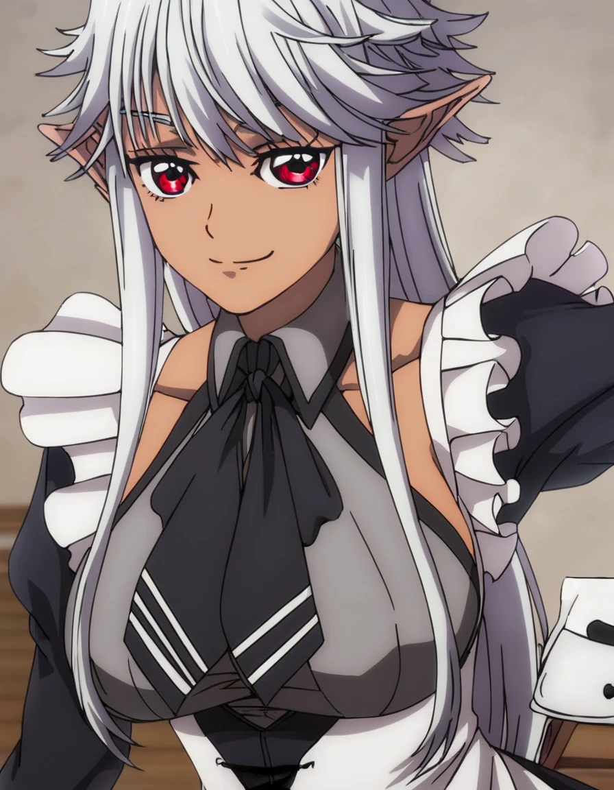 <lora:OssanNewbieAdventurer:1>, dynamic pose, smirk  Reanette, long hair, red eyes, white hair, pointy ears, dark skin, maid, elf,