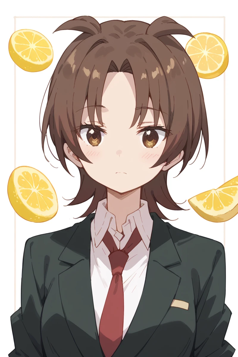 score_9, score_8_up, score_7_up, score_6_up,
 <lora:Yuzu_Iizuka:1> yuzu, brown hair, brown eyes, 1girl, school uniform, blazer, red necktie, simple background, lemon pattern backgroud,