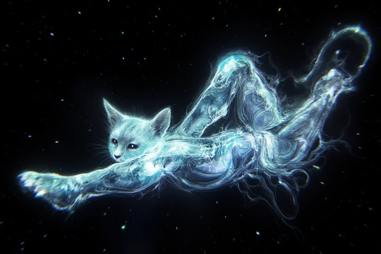 award winning artwork of a broken android playing with a glowing digital cat in space