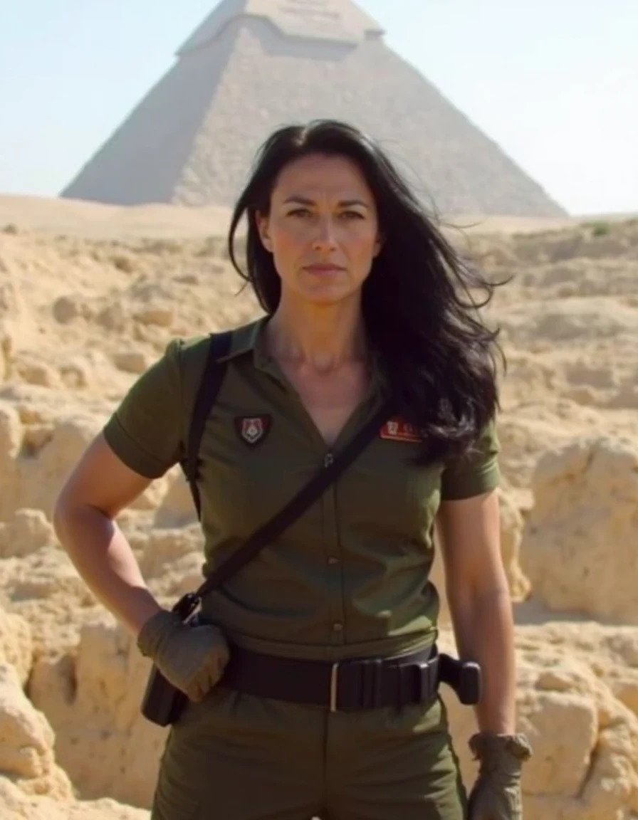 photo of ohwx as Vala Maldoran taking a selfie in front of the Gizeh pyramids. Vala mal Doran is portrayed by Claudia Black with long black hair, wearing a Stargate SG1 military uniform.