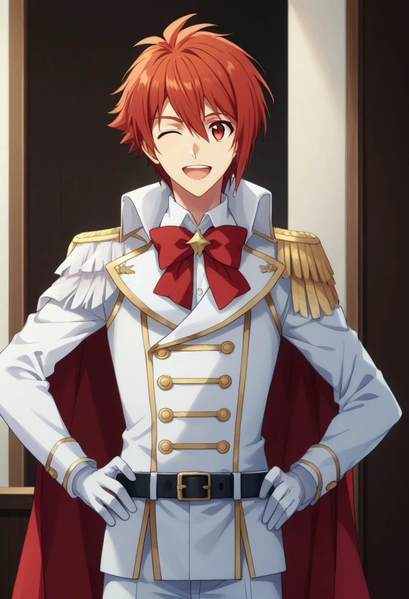 score_9, score_8_up, score_7_up, source_anime, highly detailed, 
rikunanase, 1boy, male focus, gloves, epaulettes, white gloves, solo, red hair, belt, smile, red eyes, cape, looking at viewer, hand on hip, red bow, bowtie, bow, aiguillette, red bowtie, buttons, white pants, white jacket, black belt, wink, open mouth,
indoor,