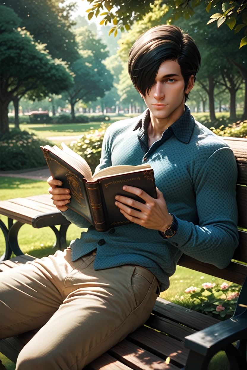 score_9, score_8_up, score_7_up, score_6_up
<lora:TEW2Stefano:1.0>
TEW2Stefano, 1boy, black hair, hair over one eye, looking at viewer, sitting on a bench in a tranquil park, wearing casual clothes, reading a book, dappled sunlight filtering through the trees, peaceful and relaxed vibe