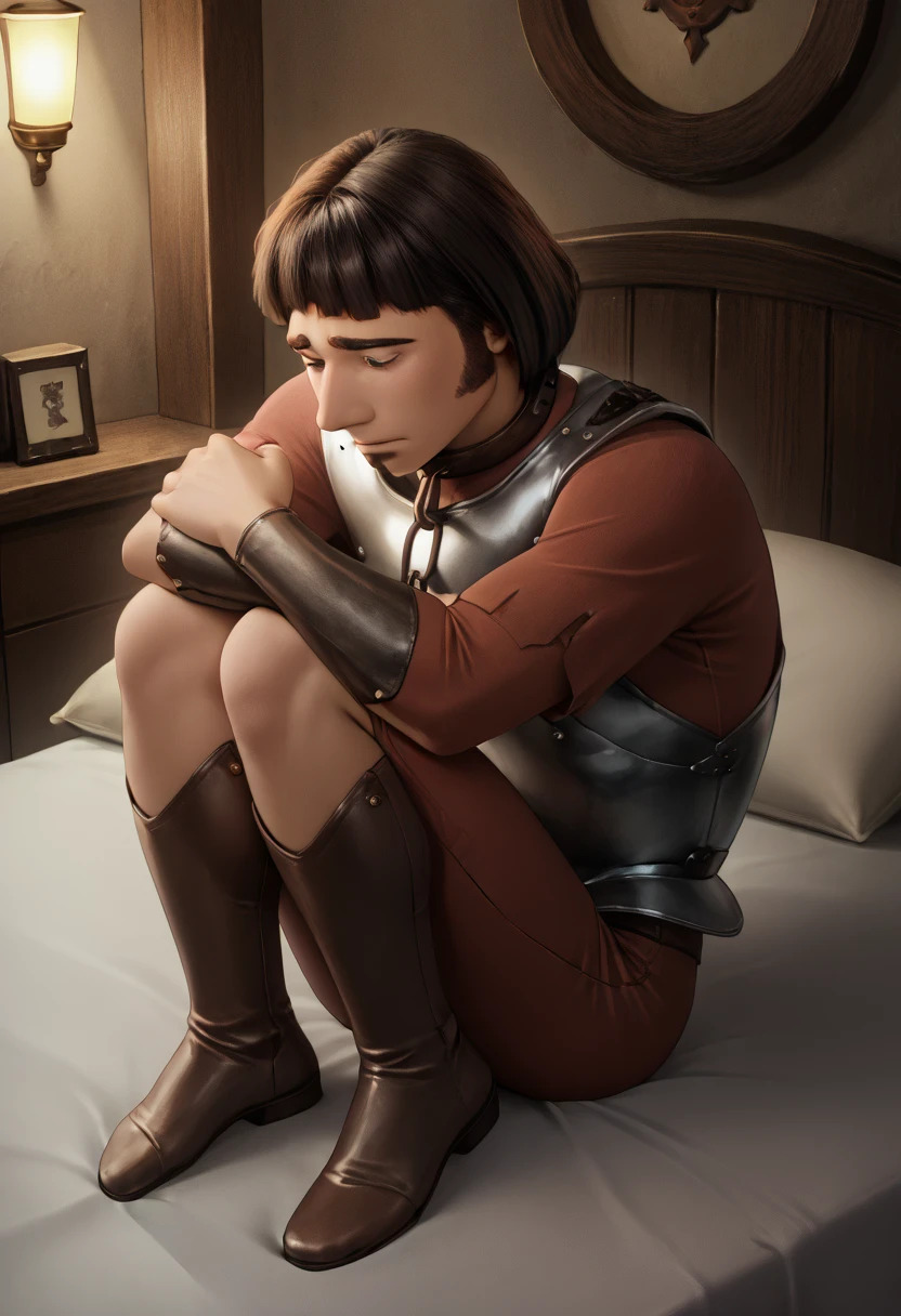 1727C6CDDF61, score_9, score_8_up, detailed, realistic, highres BREAK 1boy, solo, male, HuiBuh, bob cut, blunt bangs, dark brown hair, thick eyebrows, goatee, metal collar, armor, chain, breastplate, full body, fetal position, bed, dark, night, backlight <lora:fetal_position_pony> <lora:hui_buh-v1.2.35>​​​