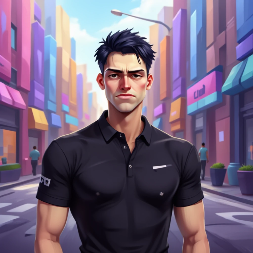 The image is in the style of a FluxCartoonDigitalStyle of a young man standing on a busy street in a city. He is wearing a black polo shirt with a white logo on the left side of his chest. He has dark hair styled in a messy yet fashionable manner and is looking directly at the camera with a serious expression. The street is lined with tall buildings on both sides, and there are people walking on the sidewalk. The buildings are painted in a variety of colors, including pink, blue, and purple, and the sky is visible in the background. The overall mood of the image is urban and bustling.
