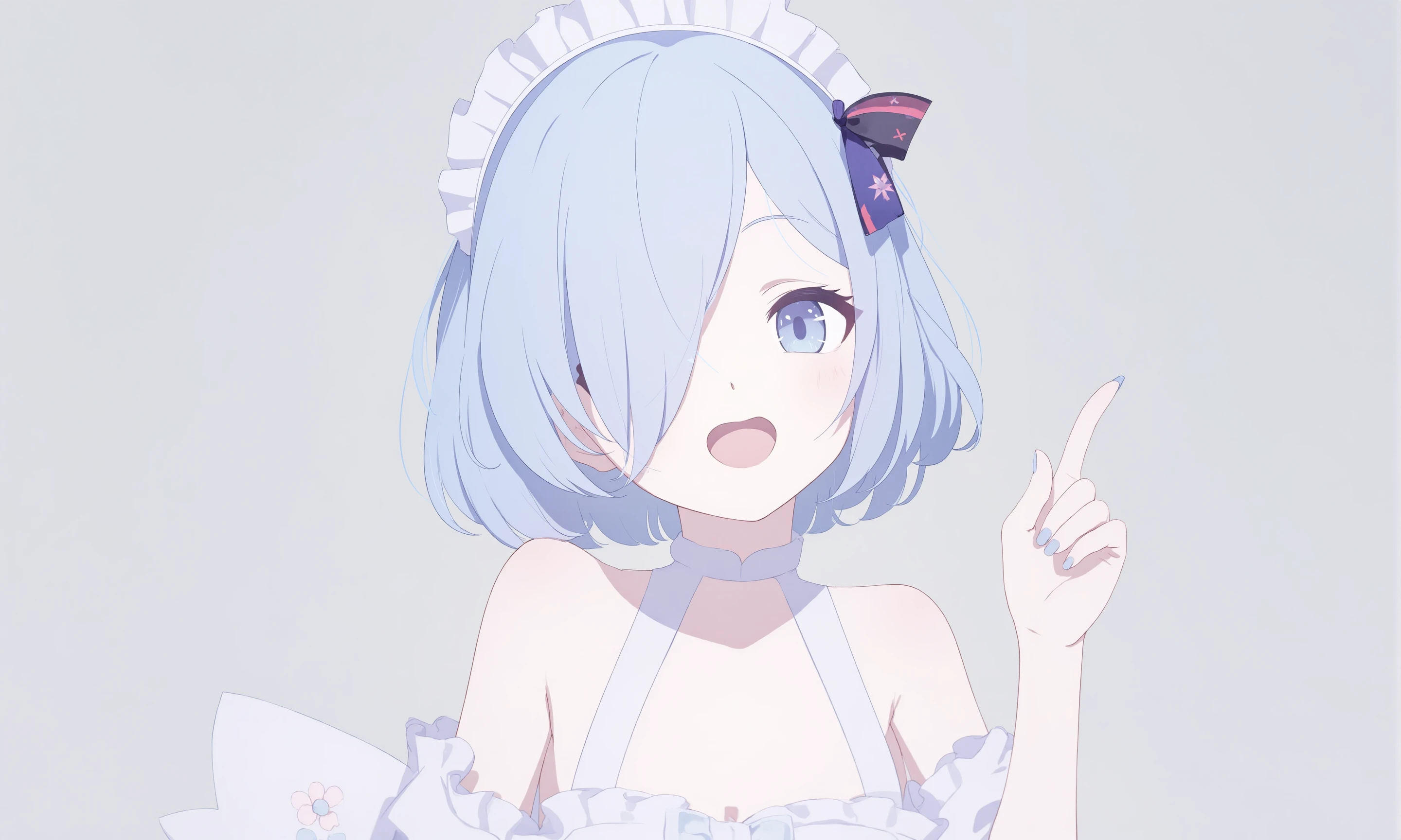 1girl,
looking at viewer, white leotard, grey background, frilled collar, upper body, cleavage, tsurime, bow, wing hair ornament, purple ribbon, strapless, x hair ornament, hair ribbon, ribbon, hand up, simple background, detached sleeves, black ribbon, maid headdress, detached collar, blush, medium hair, red bow, roswaal mansion maid uniform, open mouth, leotard, blue hair, strapless leotard, eyebrows hidden by hair, breasts, solo, maid, white collar, light blush, collar, large breasts, blue eyes, smile, index finger raised, short hair, blue nails, medium breasts, white sleeves, hair over one eye, frills, frilled sleeves, hair ornament
<lora:BastylrV2:1>