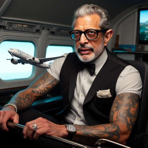 tattoo, solo, airplane, bowtie, aircraft, ring, black-framed eyewear, beard, instrument, jacket