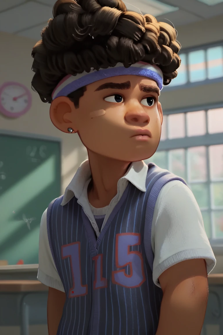 Score_9, score_8_up,score_7_up,TylerNguyen, 1boy, curly hair, black eyes, dark skin,afro, headband, earrings, solo,standing, classroom, upper body