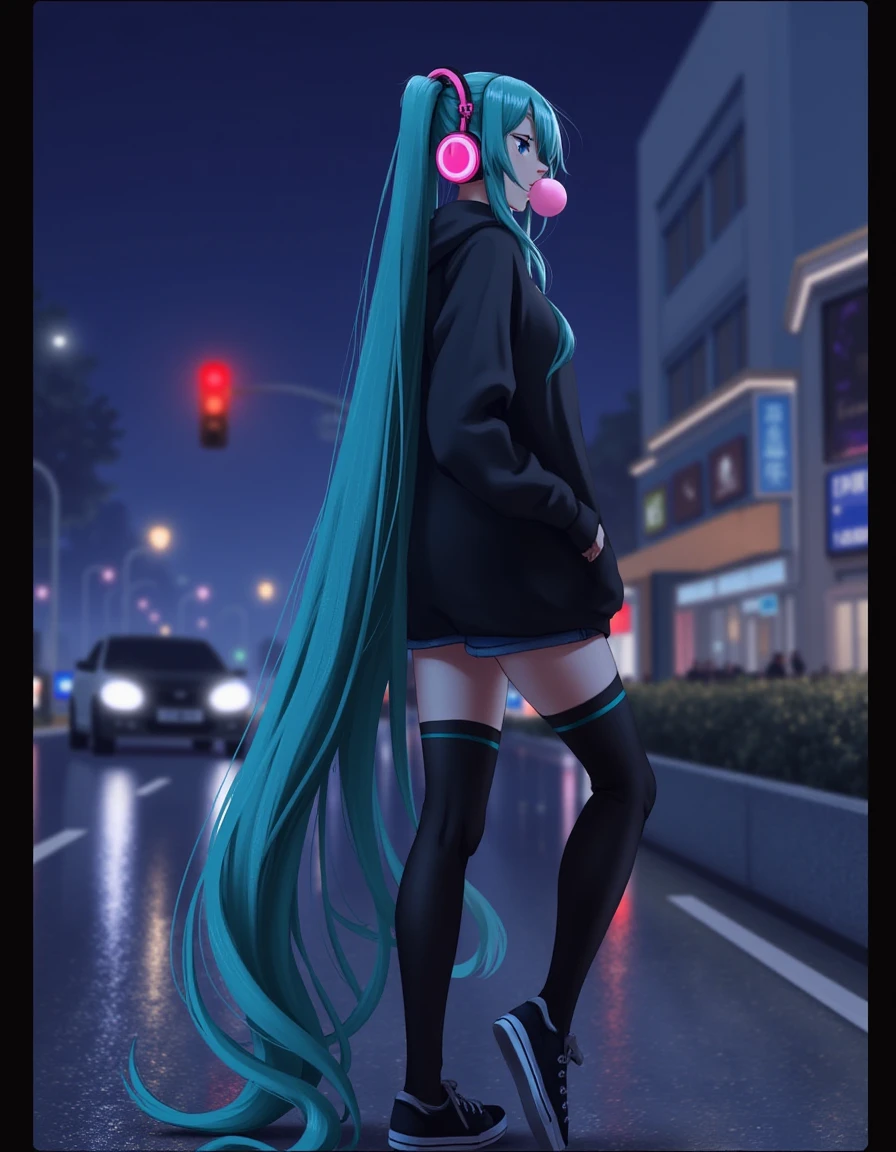 <lora:v12_PaulinaKlime_r16_000003250:1.1> art by PaulinaKlime, View from the side. A girl named Hatsune Miku with very long aqua hair and aqua eyes is standing on a wet city street at night. She is wearing a black sweatshirt with black short denim shorts and black thigh-high stockings. The girl has large breasts and she is looking to the side at the viewer with her mouth slightly open and one hand in her pocket. Miku has pink earmuffs in her ears and black sneakers on her feet. She is chewing a pink bubblegum. The girl's hair covers half of her face. In the background there is a night city street with a red traffic light and buildings with glowing windows.âââ