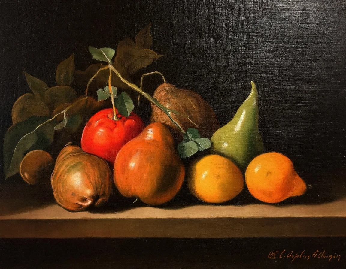 The painting by Chaplin depicts a still life of various fruits. The colors are monochrome with calm reds oranges greens and yellows. The composition is meticulous with the fruits arranged in a chaotic yet harmonious manner on a dark textured surface. The play of light and shadow adds depth and drama to the composition.