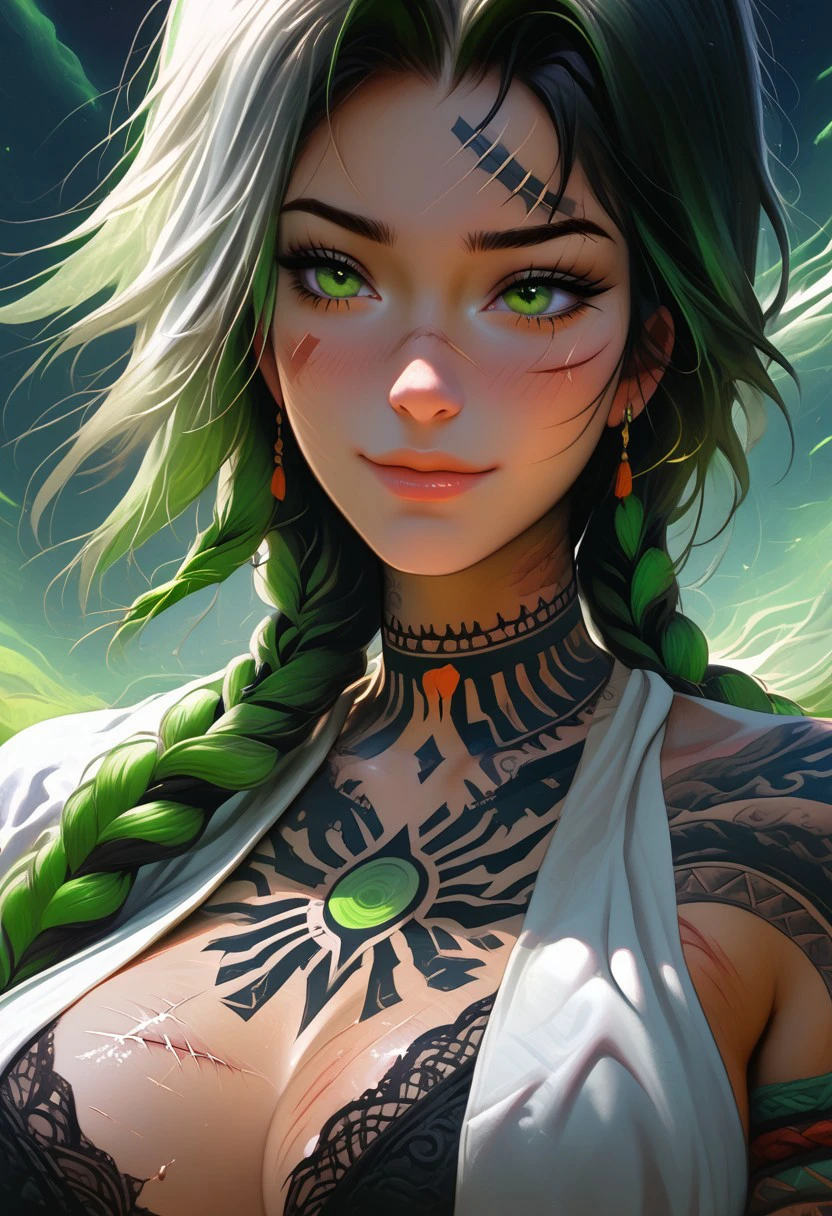 Score_9, score_8, high quality, masterpiece, beautiful, Aurora, tattoos, ombre haircolor, black and green hair, layered hair, scars, close up, perfect face, perfect body, large breasts, skimpy robe top, shy smile, full head visable,