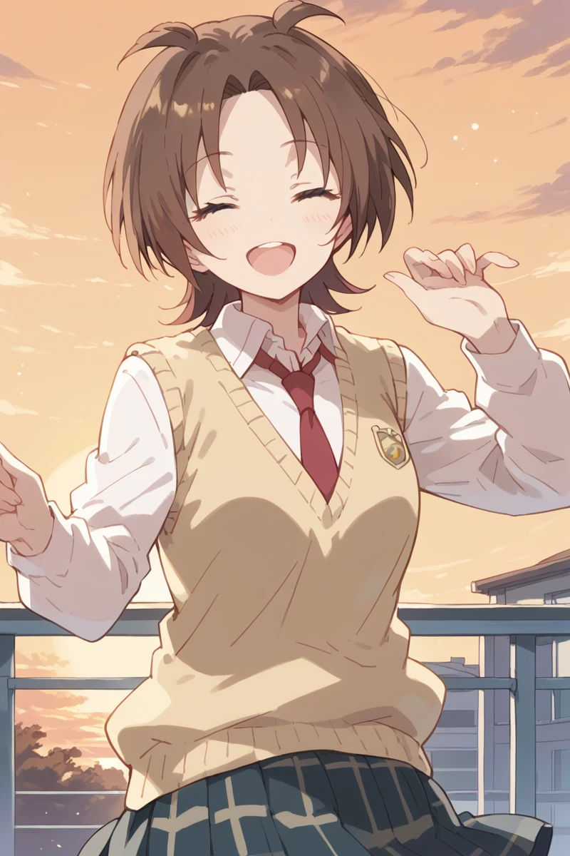 score_9, score_8_up, score_7_up, score_6_up,
 <lora:Yuzu_Iizuka:1> yuzu, 1girl, solo, school uniform, brown hair, closed eyes, skirt, necktie, open mouth, smile, short hair, sweater vest, sunset, shirt