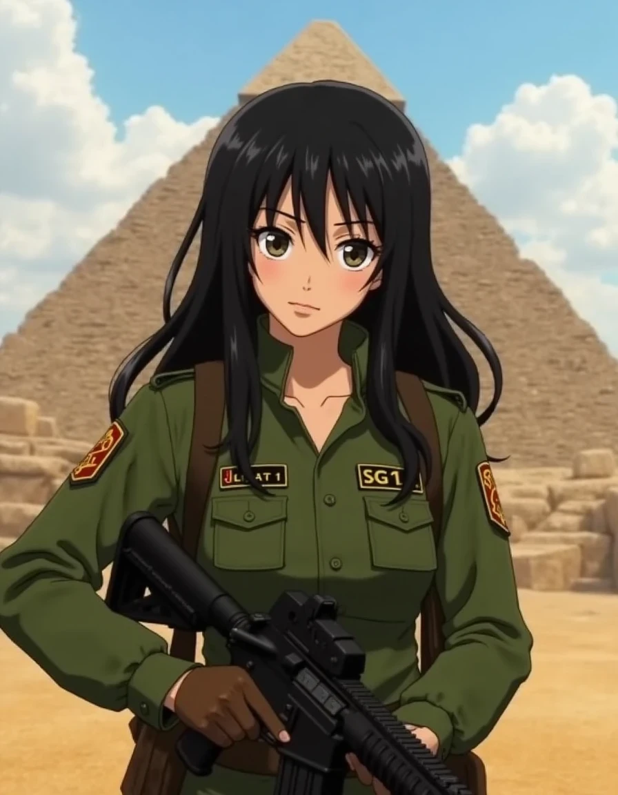 Ghibli anime of ohwx as Vala Maldoran taking a selfie in front of the Gizeh pyramids. Vala mal Doran is portrayed by Claudia Black with long black hair, wearing a Stargate SG1 military uniform with a "SG1" patch, holding a AR15 rifle.