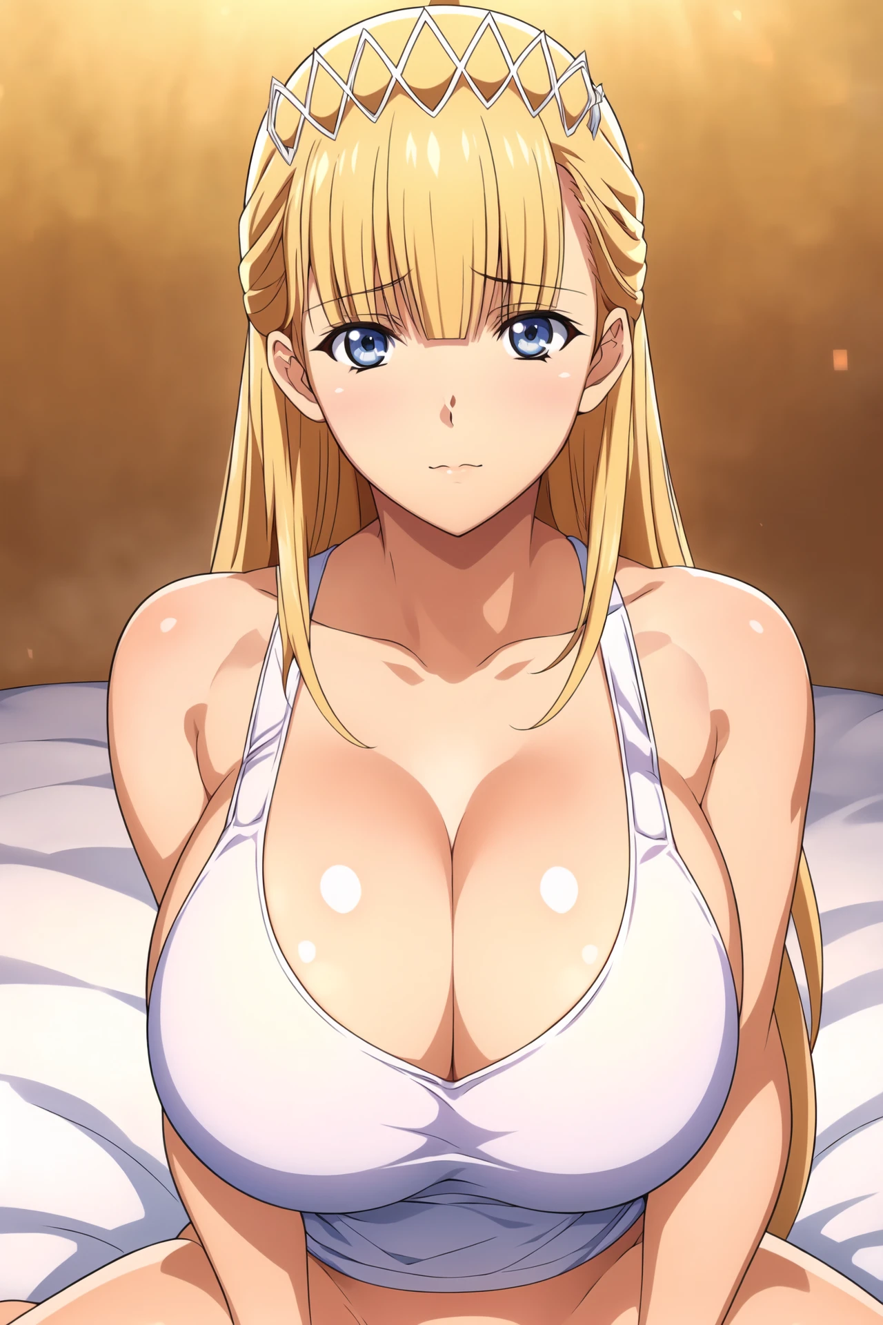 (masutepiece, Best Quality, High resolution:1.5, anime colours, megami magazine:1.2, anime poster style, anime keyvisual, sharp, 8k, photorealistic), (nsfw, looking away), (beautiful eyes:1.5, beautiful face), Alice Zuberg, 1girl, blush, (white headband), (blond Long Hair, hair braid), (sagging breasts:1.5, large breasts), (nude, nipples), upper body, (Perfect detailed Anatomy, beautiful detailed hair, perfect detailed body:1.2, shiny skin), (thick outline, Beautiful outlines, black outlines), simple background