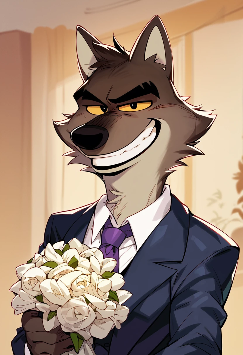 score_9, score_8_up, score_7_up, solo, mr wolf, bg, furry, suit, formal, necktie, upper body, sly grin, seductive, holding bouquet, detailed background, room, looking at viewer,  <lora:Mr_Wolf:1>