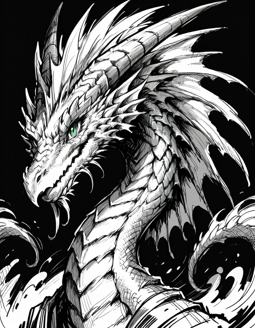 score_9, score_8_up, score_7_up, <lora:Messy Sketch Style:1>, monochrome, dragon, black background, portrait, hons, long neck, red green eyes,