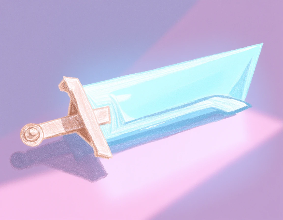 flashy digital paint illustration by SGBR, emphasizing pastel tones of a sword, weapon, as a still life.