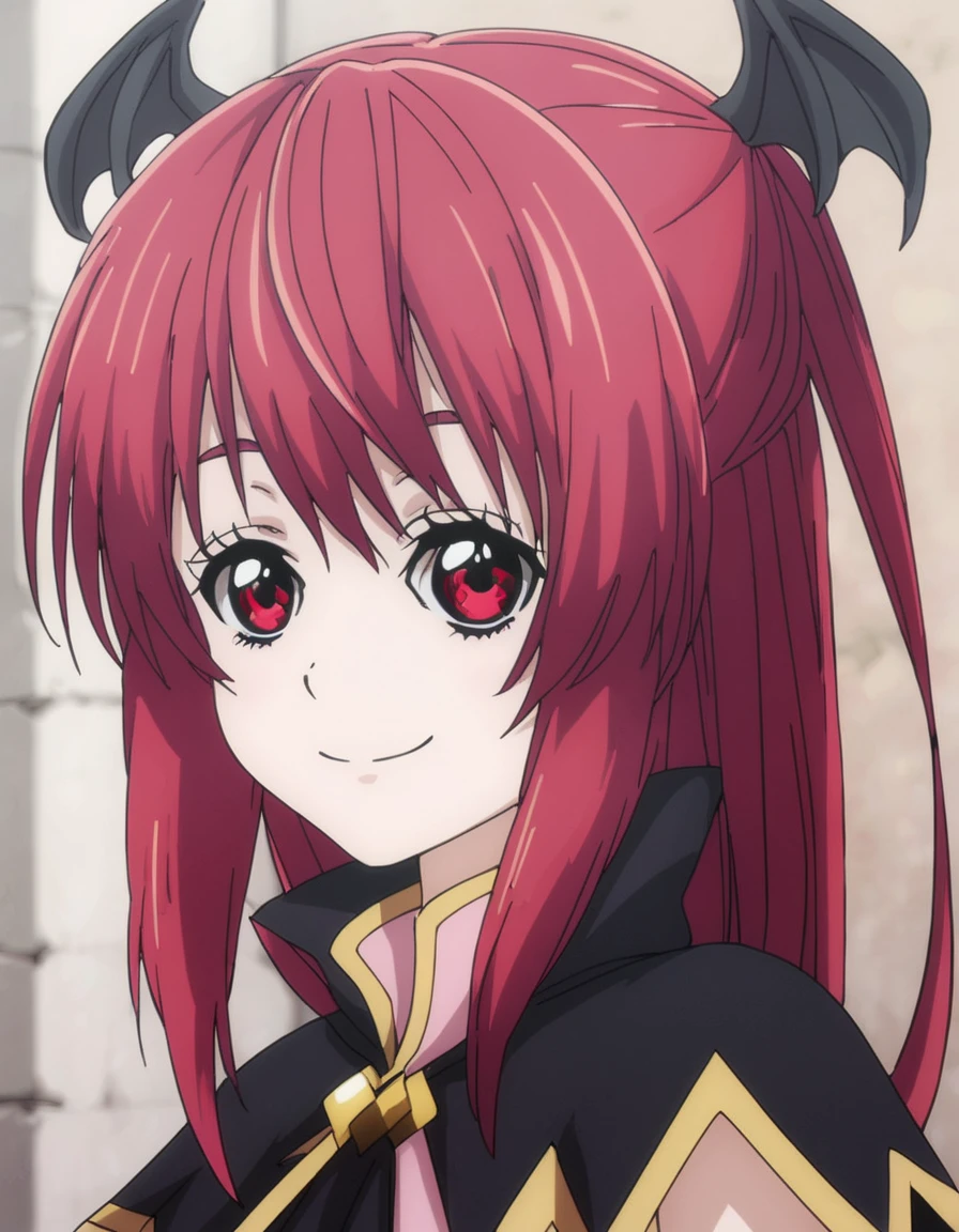 <lora:OssanNewbieAdventurer:1>, soft smile, portrait,  Alicerette, long hair, red eyes, red hair, bat wings, head wings,