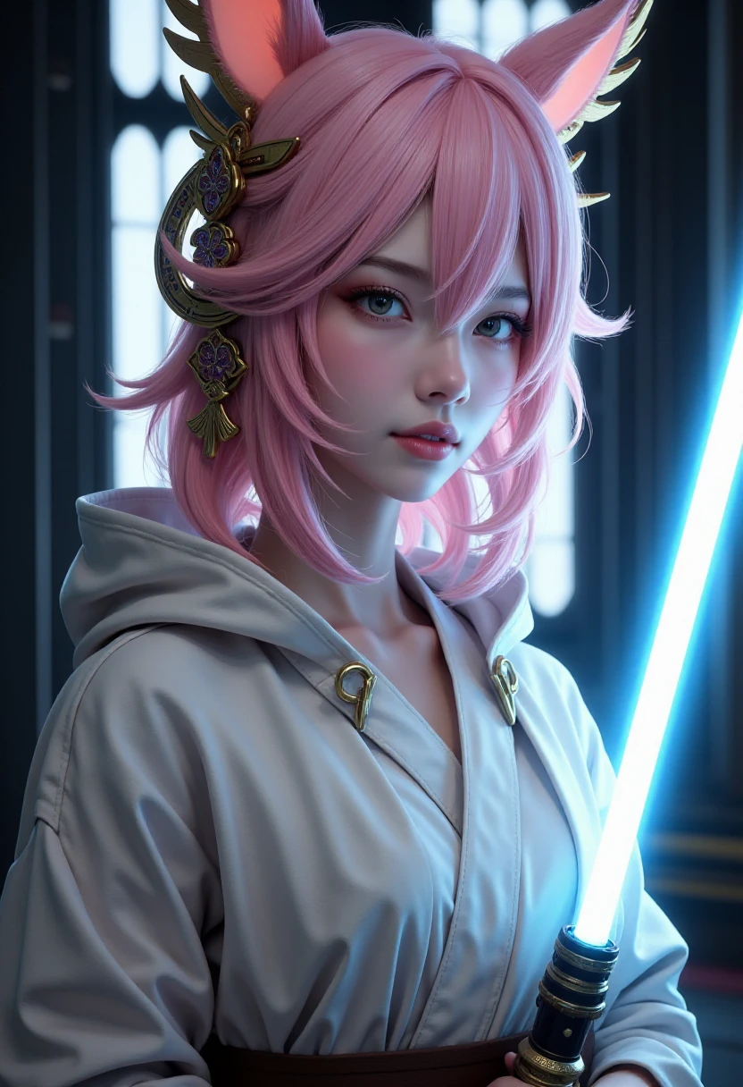 FluxYaeMiko, A calm yet resolute Jedi girl pink-haired with fox ears and ornate accessories from the Star Wars universe stands before us, draped in a flowing, hooded robe. Her eyes shine with a serene light, radiating peace and determination. In her hand, she wields a blue lightsaber, its blade casting a soft, reassuring glow on her features. This ultra-realistic portrait captures every intricate detail of her noble beauty, from the graceful folds of her attire to the unwavering focus in her luminous eyes. This high-quality image immerses viewers in a world of hope, courage, and the enduring spirit of the Jedi. (maximum ultra high definition image quality and rendering:3), maximum image detail, maximum realistic render, (((ultra realist style))), realist side lighting, , 8K high definition, realist soft lighting, (amazing special effect:3.5)   <lora:FluxYaeMiko:0.7>