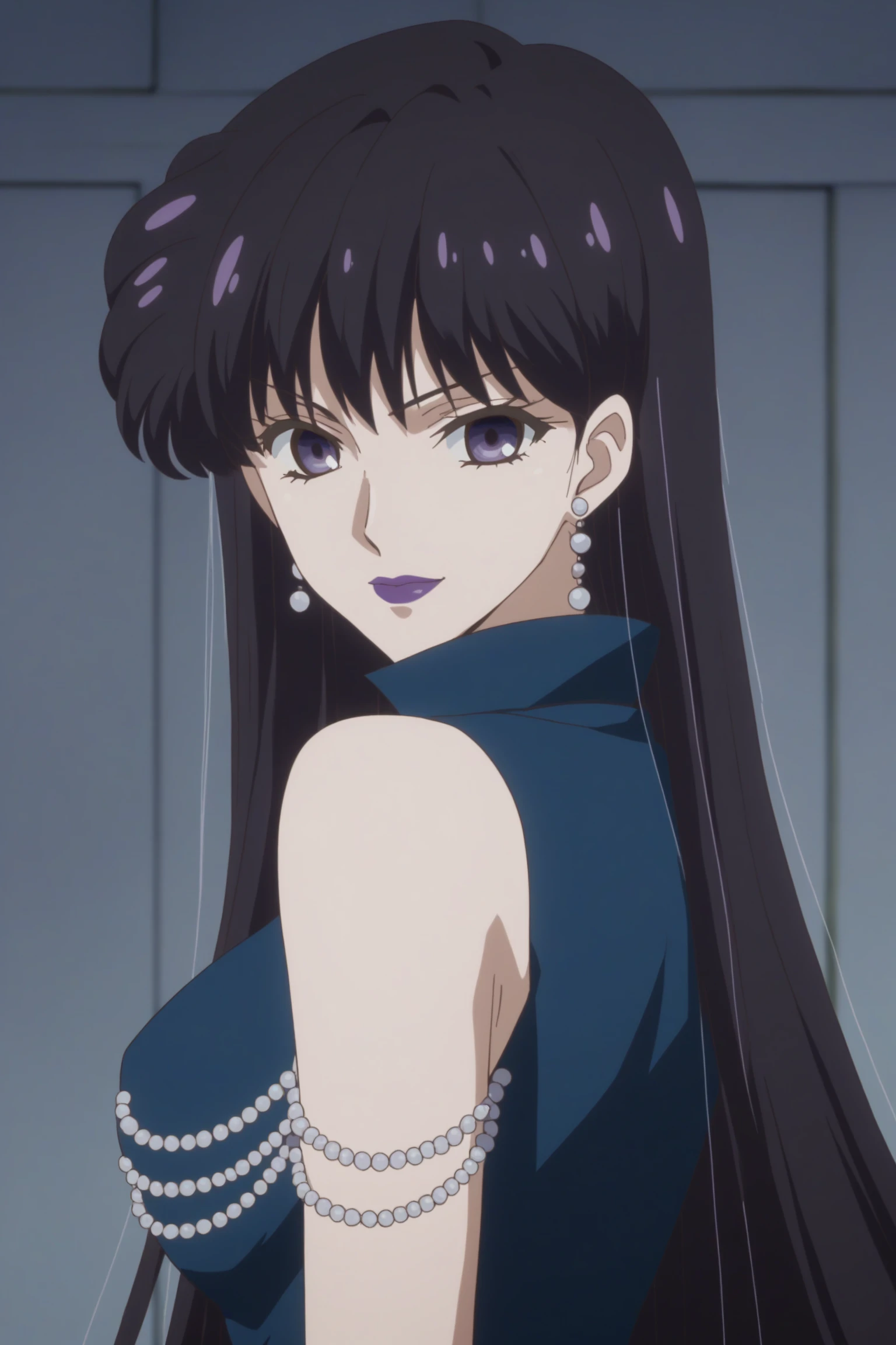 mistress 9, absurdly long hair, black hair, bangs, purple eyes, makeup, purple lips, earrings, sleeveless, collared dress, blue dress, black dress, black collar, jewelry, pearl (gemstone), cleavage, <lora:Mistress_9:0.9>, score_9, score_8_up, score_7_up, score_6_up, score_5_up, source_anime, rating_safe, medium breasts, indoors, 1girl, solo, looking at viewer, <lora:age_slider_v4:2>, (upper body:1.2), (dynamic pose:1.2),