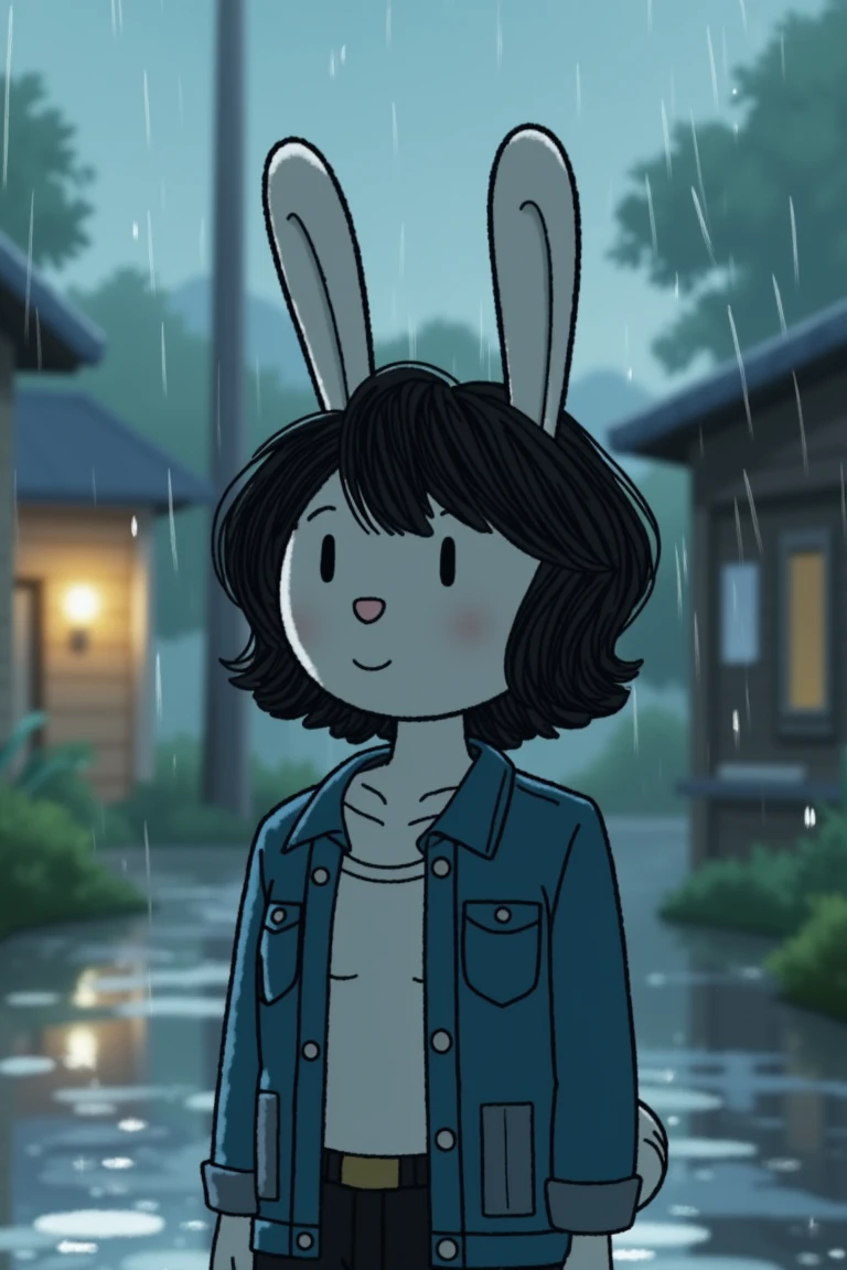 a cartoon rabbit woman with black hair, white skin, wearing a white shirt, caught in a rainstorm outdoors, wet clothes, denim jacket