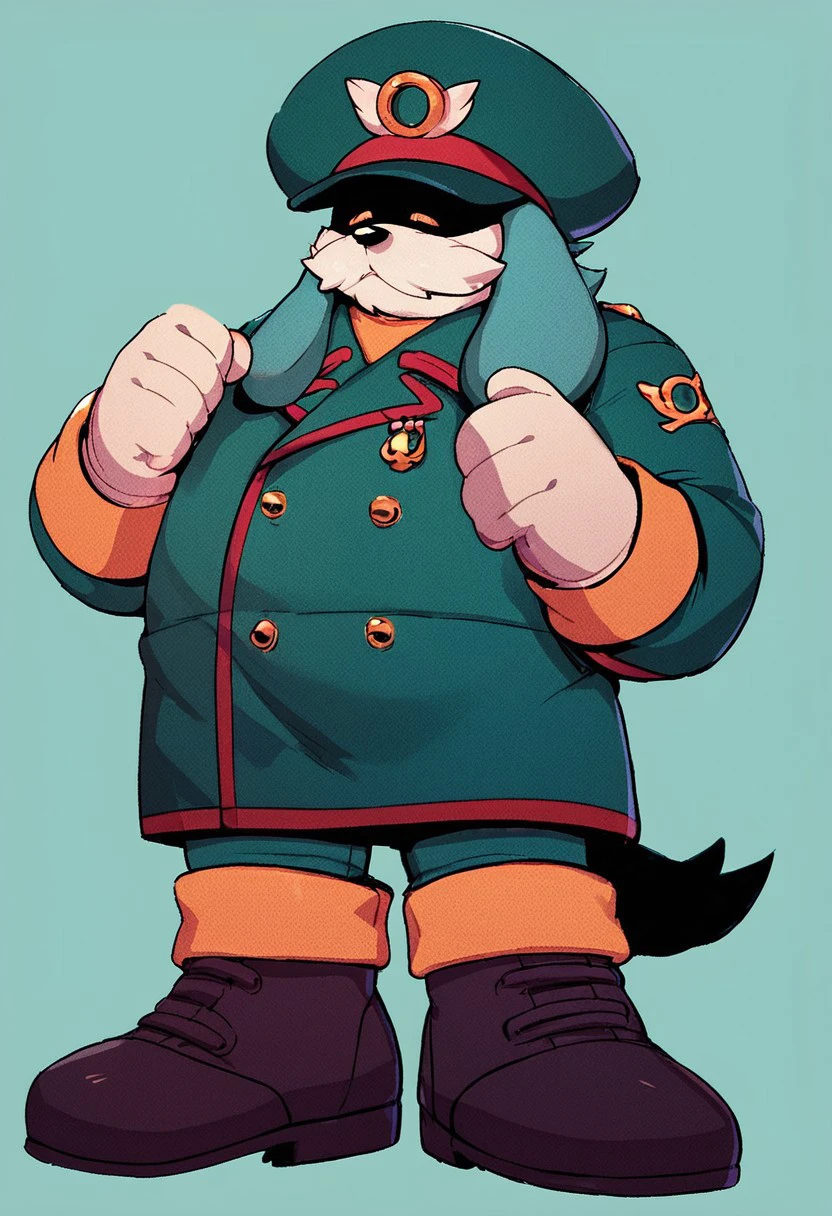 score_9, score_8_up, score_7_up, score_6_up, Conductor, tail, hat, uniform, emblem on hat, shaded yellow eyes, facial hair, mustache, furry male, male, solo, gloves, boots, fat male, simple background, tiled aqua background