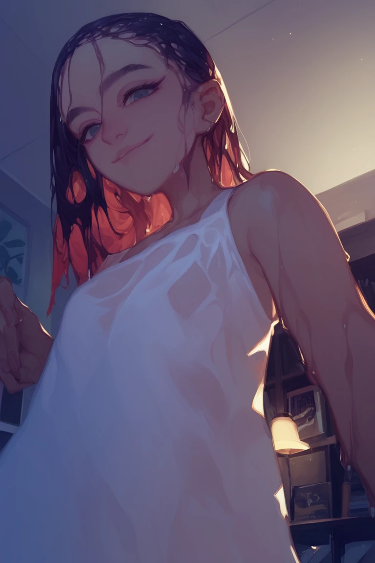 score_9, score_8_up, score_7_up, score_6_up, 1girl, solo, sexy, Tangerine wet hair, smile, wearing gakuran, from below, at Caicos, Dominican Republic, indoors, night, looking at viewer, <lora:feason_style:1> feason style