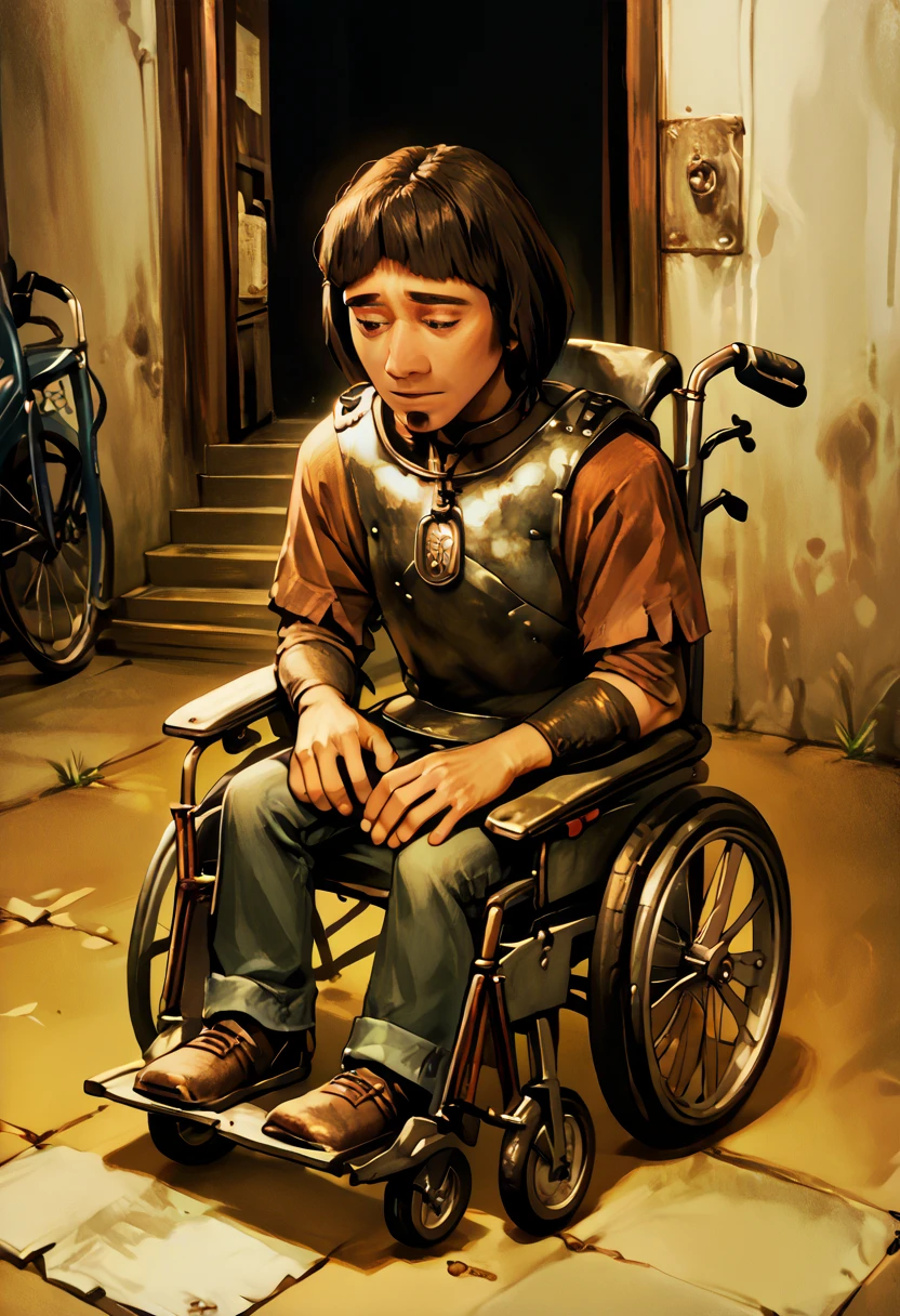 1727C6CDDF61, cr33pp41nt, 1boy, solo, HuiBuh, bob cut, blunt bangs, dark brown hair, goatee, metal collar, armor, wheelchair, wheelchair, sitting <lora:Wheelchair_XLPD> <lora:cr33pp41ntXLP> <lora:hui_buh-v1.2.25>​​​