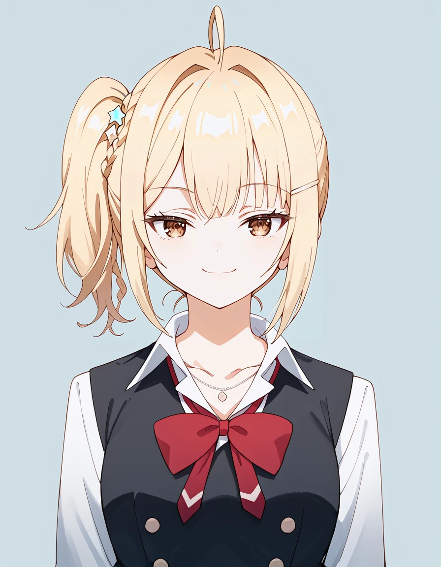 score_9, score_8_up, score_7_up, source_anime, BREAK
1girl, solo, looking at viewer, simple background,
nonoa miyamae, blonde hair, medium hair, side ponytail, hair ornament, hairclip, ahoge, brown eyes, smug,
school uniform, collarbone, necklace, white shirt, long sleeves, red bow, black vest, buttons, pleated skirt,
<lora:nonoa_miyamae_anime_v2-soralz:1>