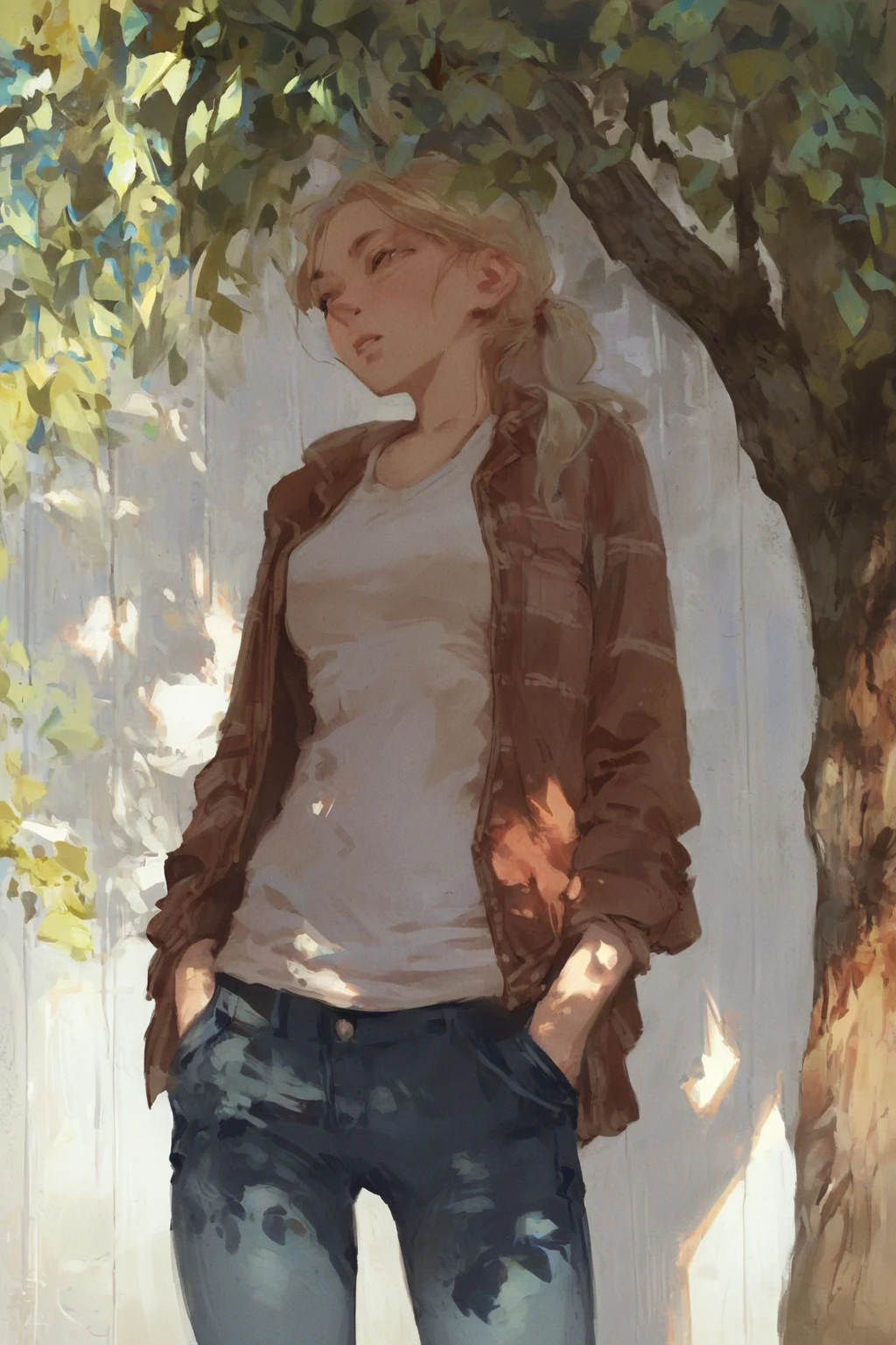 score_9, score_8_up, score_7_up, rating_explicit, rating_questionable, 1girl, solo, solo focus, cowboy shot, high contrast, , Leaning against a wall or tree, hands in pockets, with a casual and carefree expression., <lora:2024-08-23_12-07-33-save-7474-25-24:1>