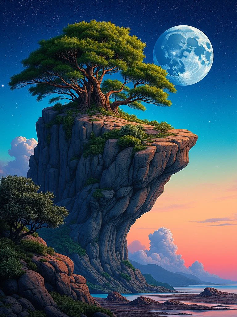 landscape painting of giant rock with a majestic tree growing out of it, intricate details, vibrant colors, clear star sky with huge moon and fluffy clouds, extremely high quality RAW photograph, detailed background, intricate, exquisite details and textures, highly detailed, ultra detailed photograph, warm lighting, artstation, sharp focus, high resolution, detailed skin, detailed eyes, 8k uhd, dskr, high quality, film grain, Fujifilm XT3
 <lora:Dagobah_Land_Flux:1> dagobahlnd